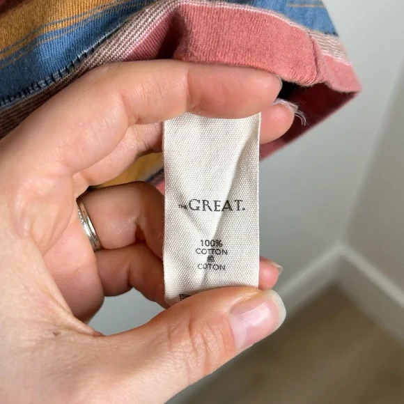 THE GREAT. Short Sleeve Striped Tee in Rust, Pink, Blue, Olive - Picture 11 of 11